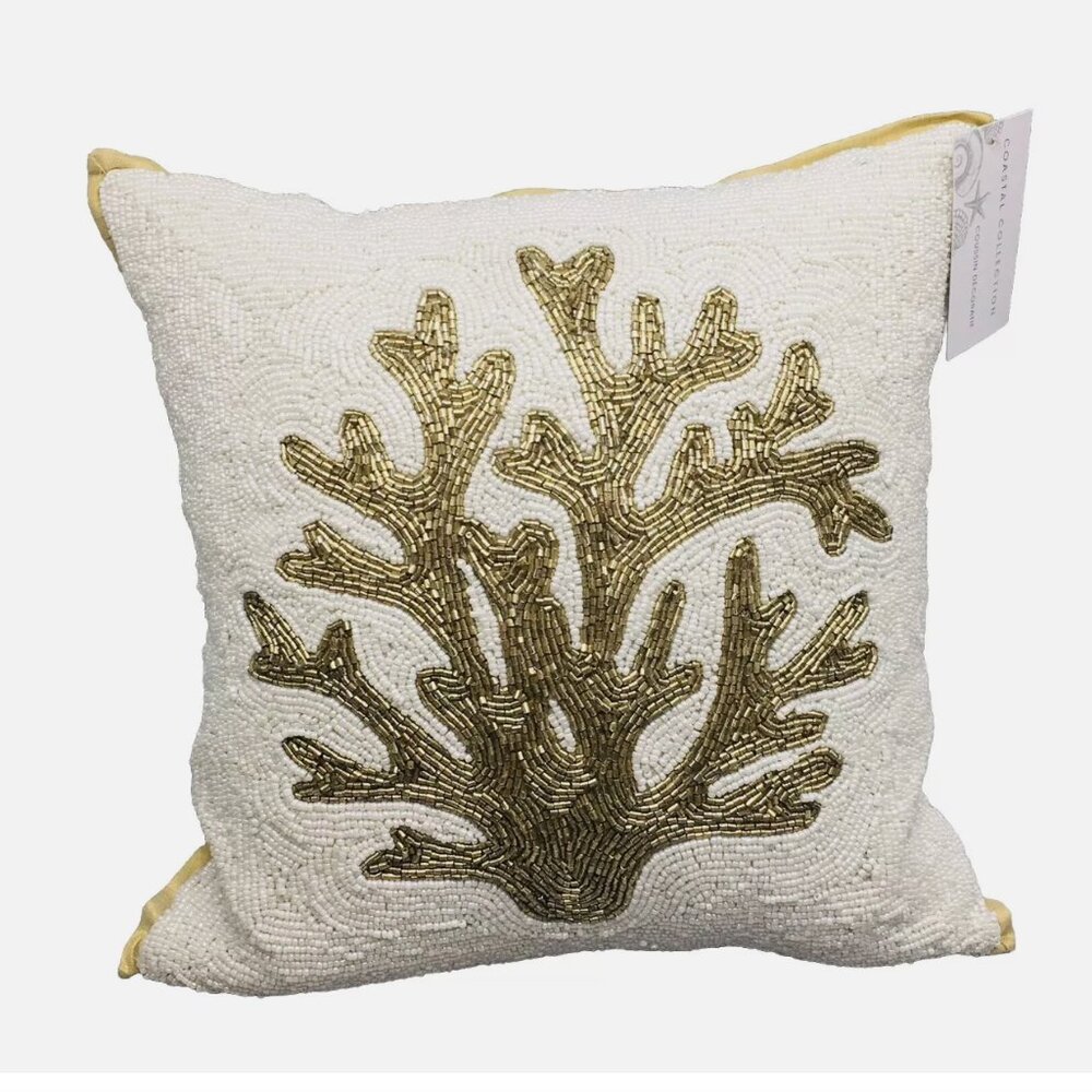 Coastal Collection White Gold Coral Beaded Pillow Beach Ocean Decor Summer 14"